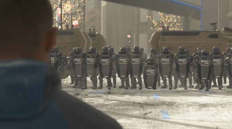Marcus, played by African-American actor Jesse Williams, stands before riot police during a peaceful protest in Detroit: Become Human. Cage told Kotaku the game was not meant to be political.